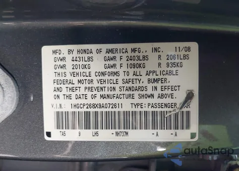 2009 Honda Accord 2.4 Ex-L z USA, uszkodzony, nr VIN 1HGCP268X9A072611